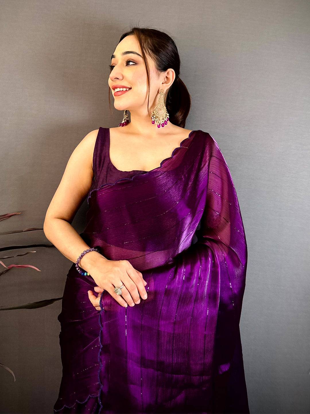 Wine Soft Chinon Chiffon Embroidered Saree