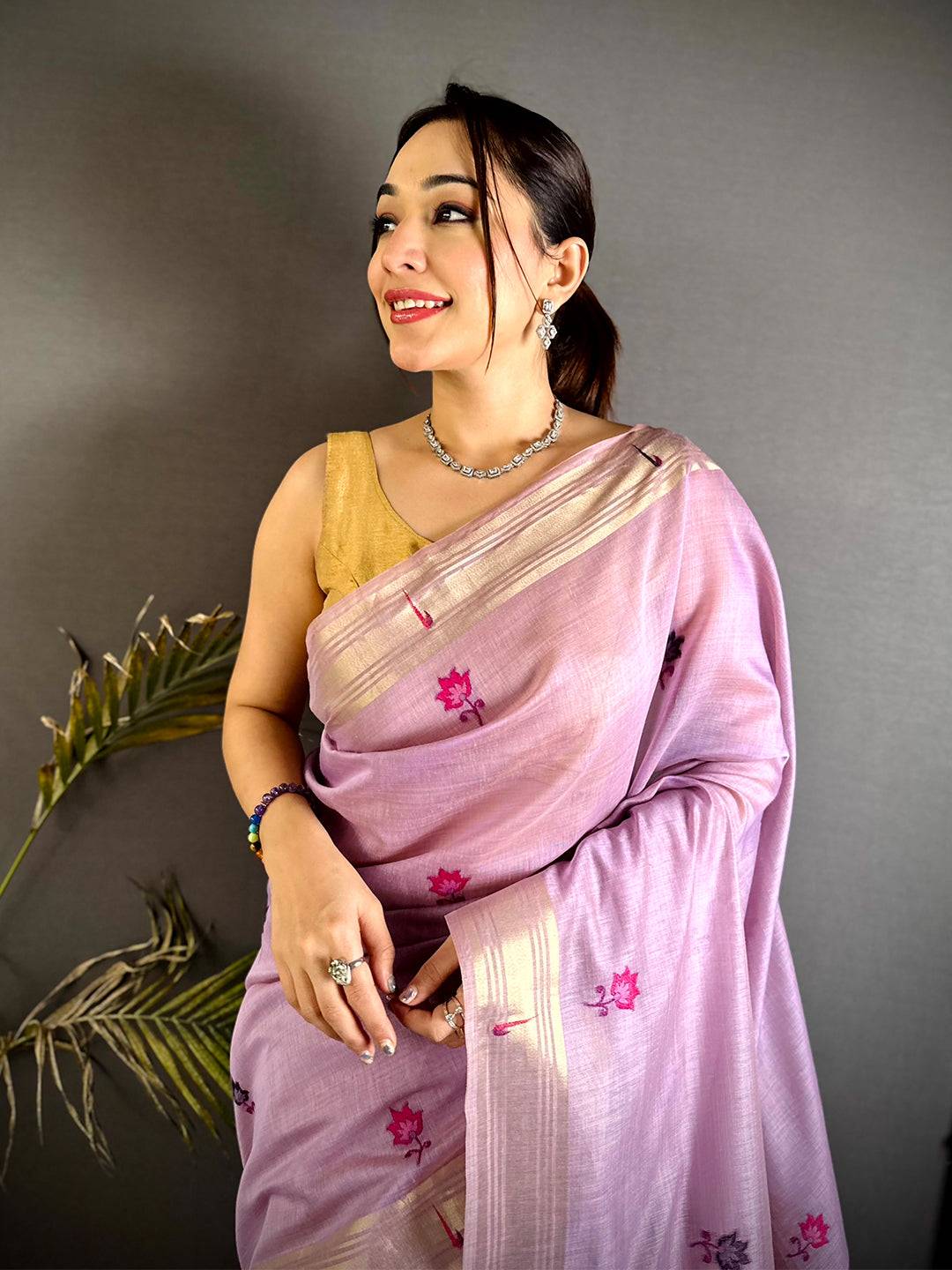 Artisan Minakari Butti Khadi Linen Saree