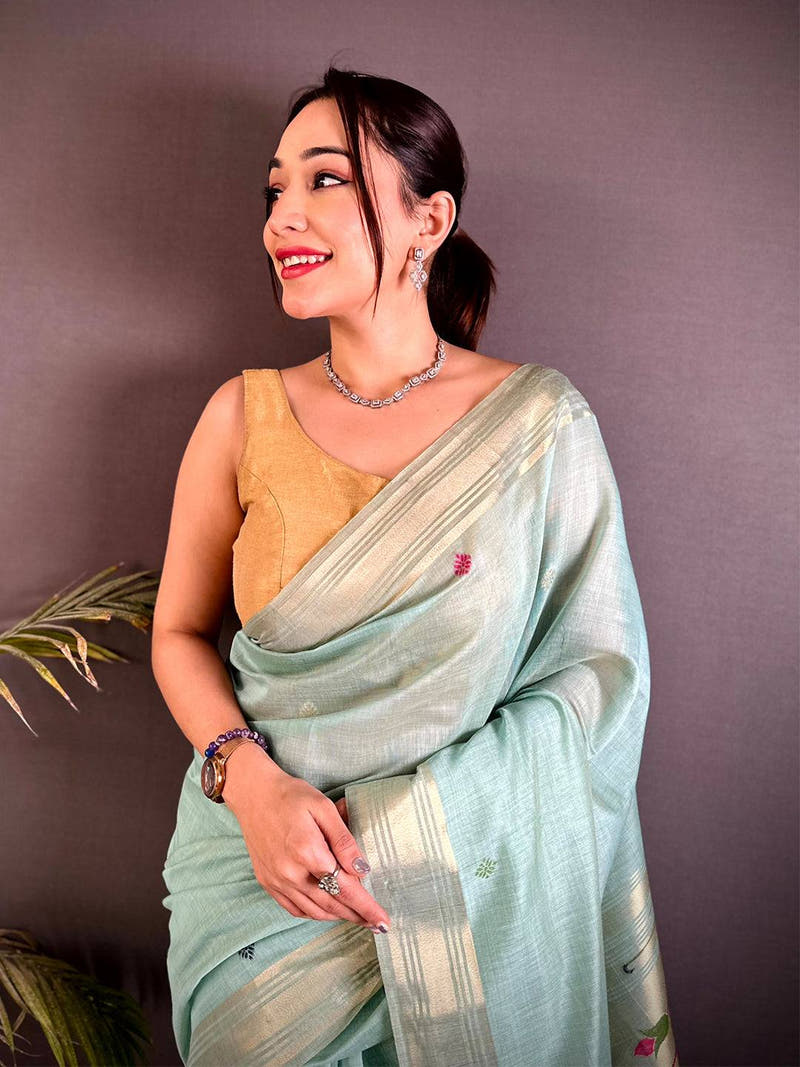 Sky Blue Swan Minakari Linen Saree