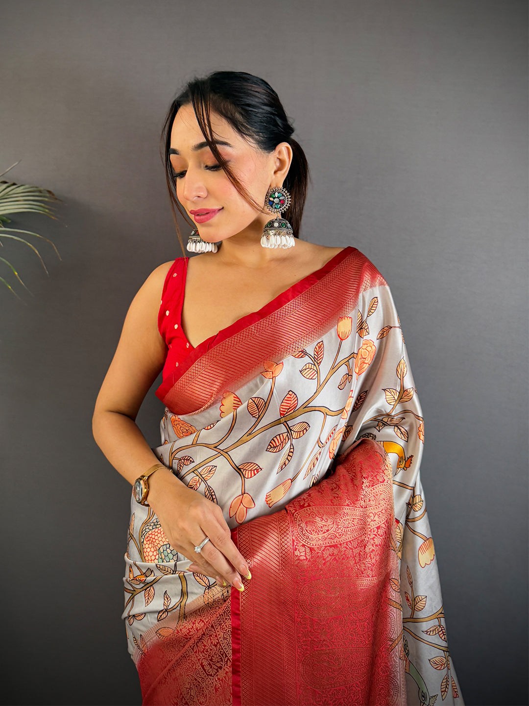 Radiant Cherry Satin Kalamkari Printed Saree
