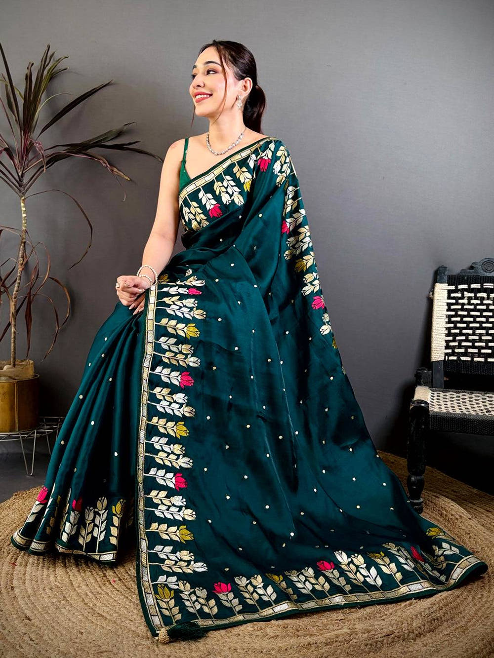 Green Soft Satin Minakari Aari Work Saree