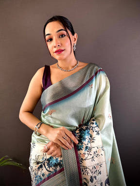 Mint Green Digital Kalamkari Printed Tussar Silk Saree