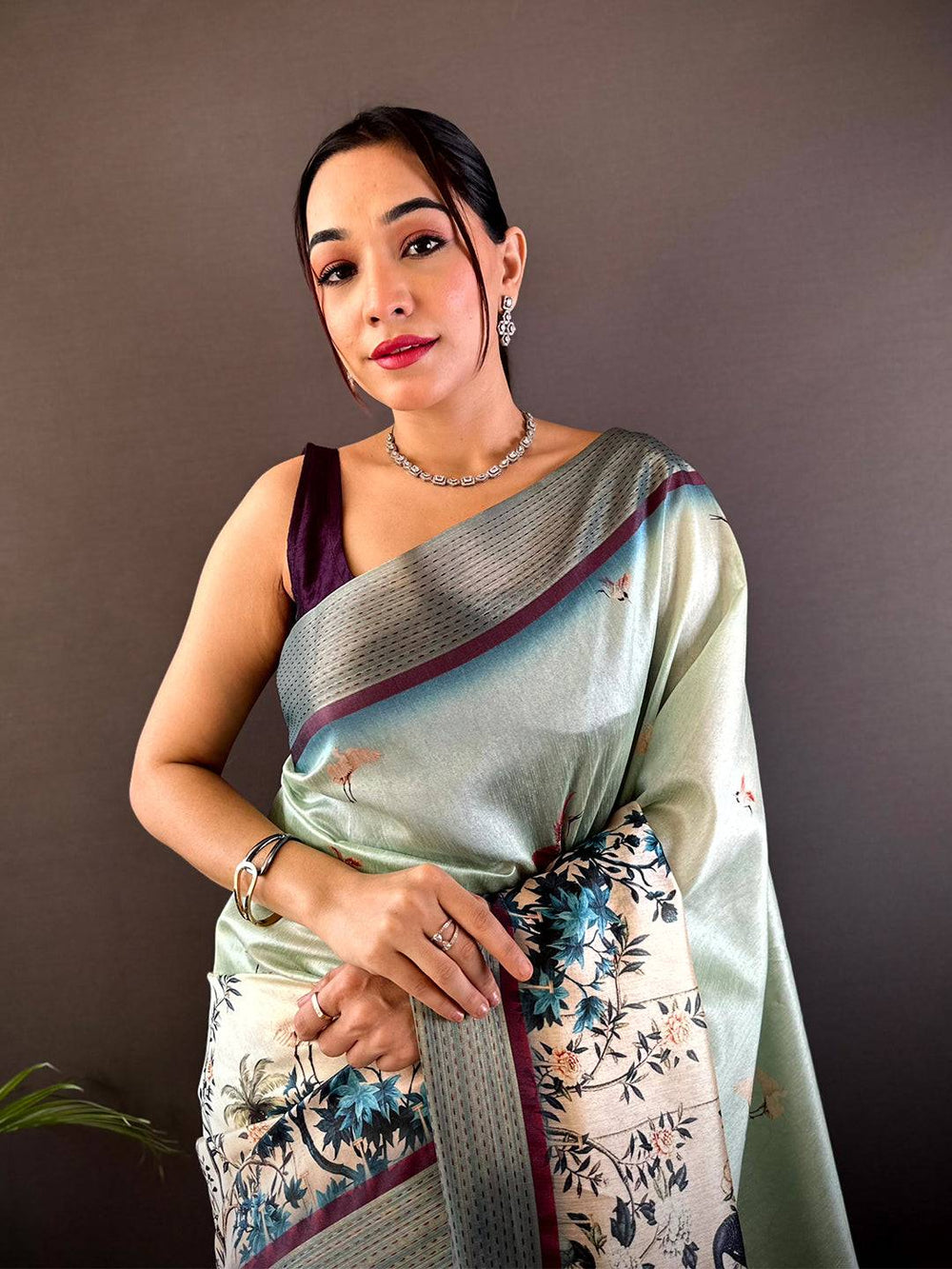 Mint Green Digital Kalamkari Printed Tussar Silk Saree