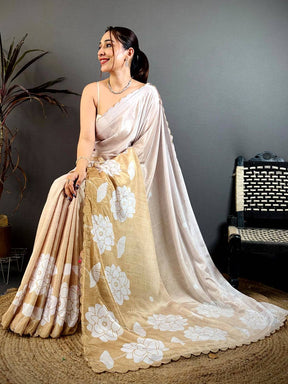 Radiant Floral Print Embroidered Chinnon Saree