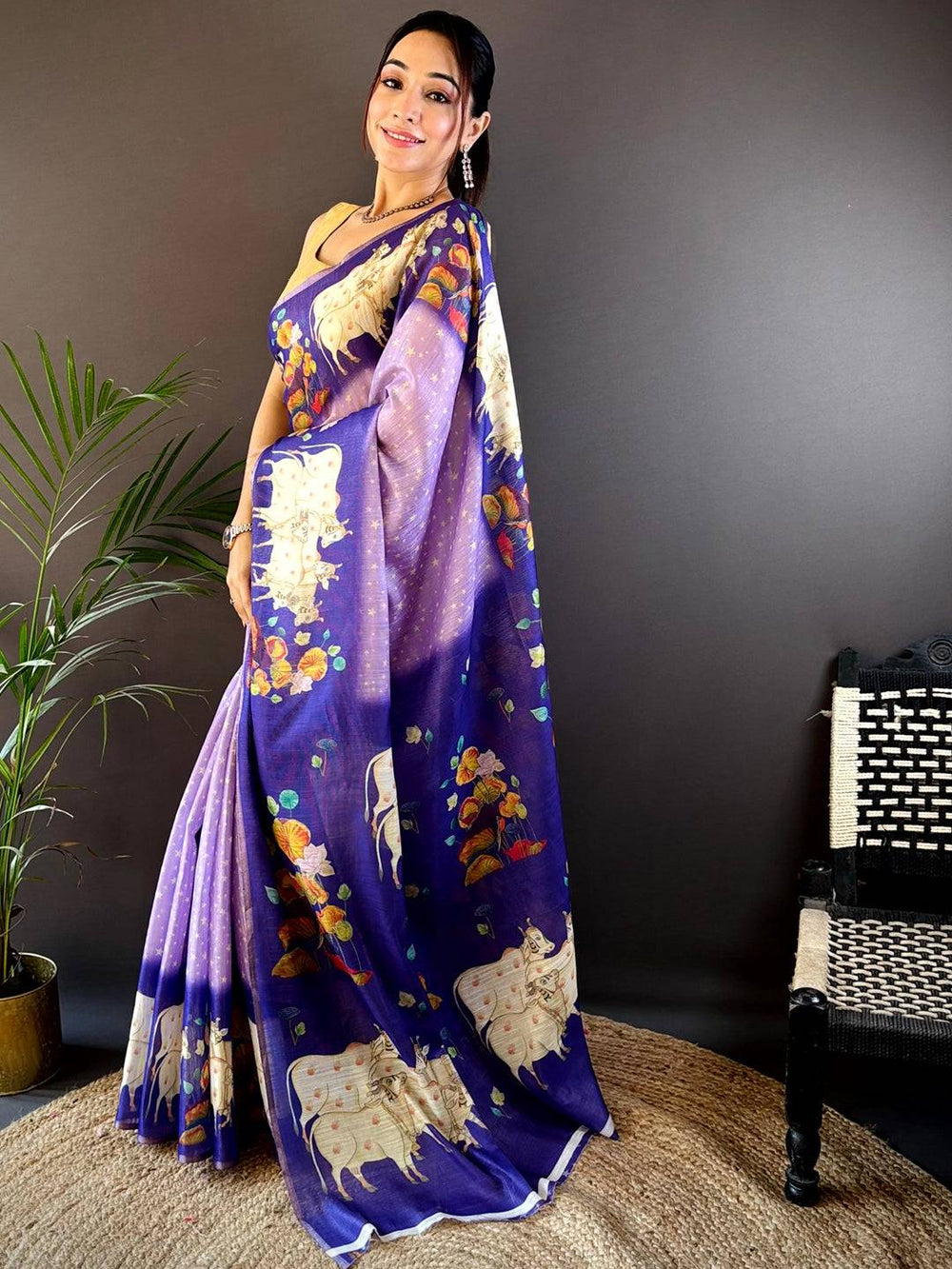 Purple Chanderi Pichwai Print Saree