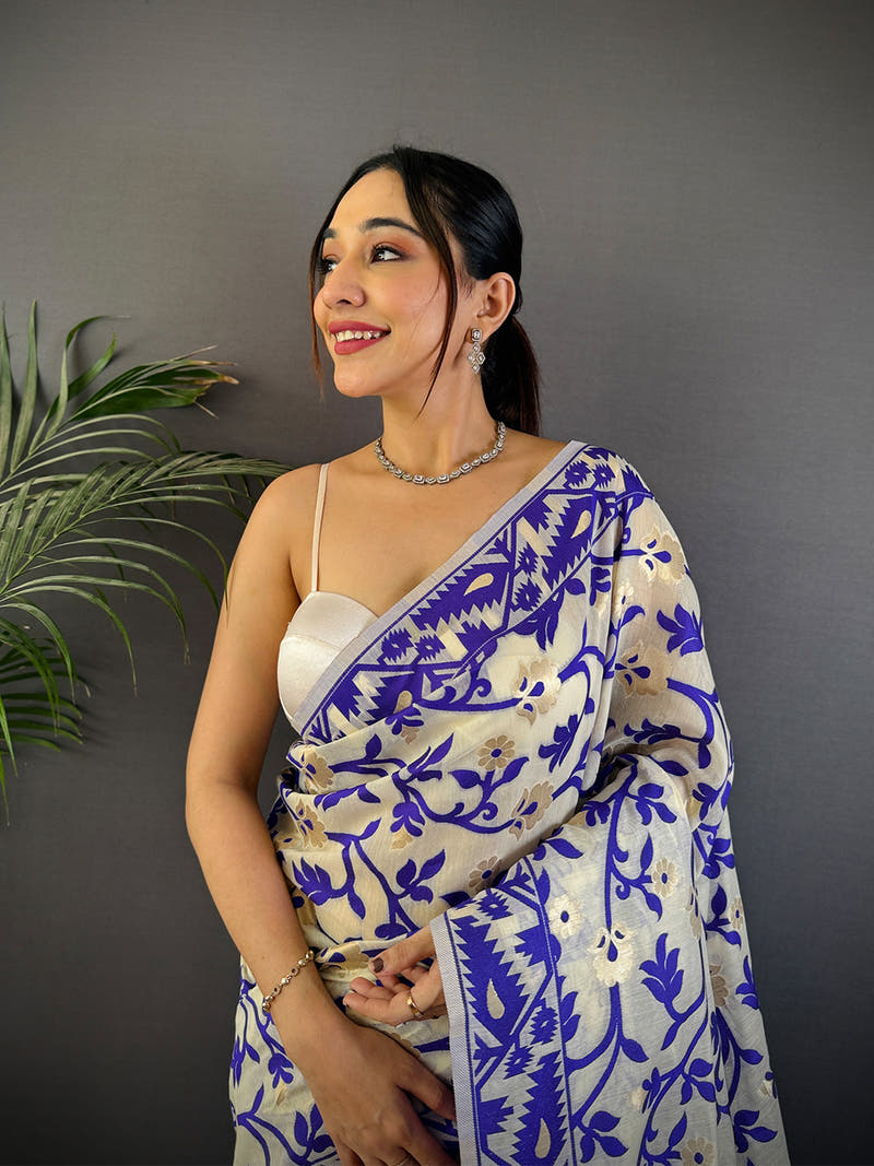 Cream Soft Cotton Silk Jamdani Saree