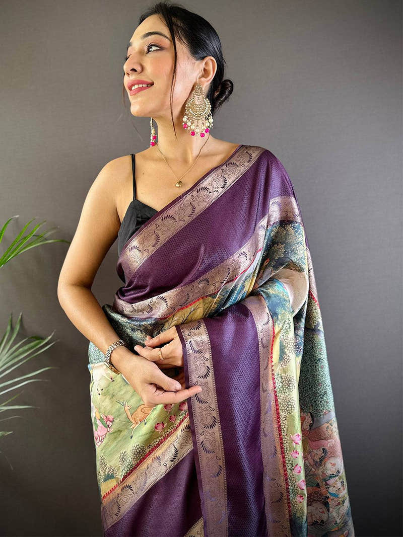 Purple Soft Silk Mughal Print Saree with Rettapat Border