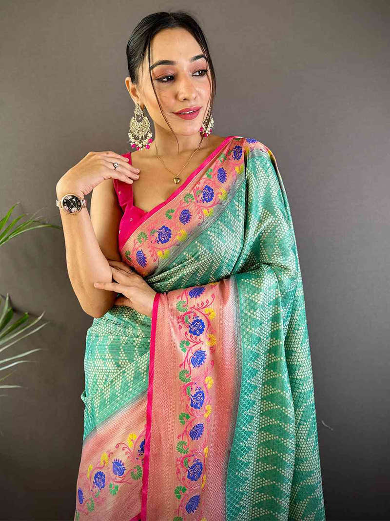 Kora Silk Banarasi Digital Print Saree In Sky Blue Colour