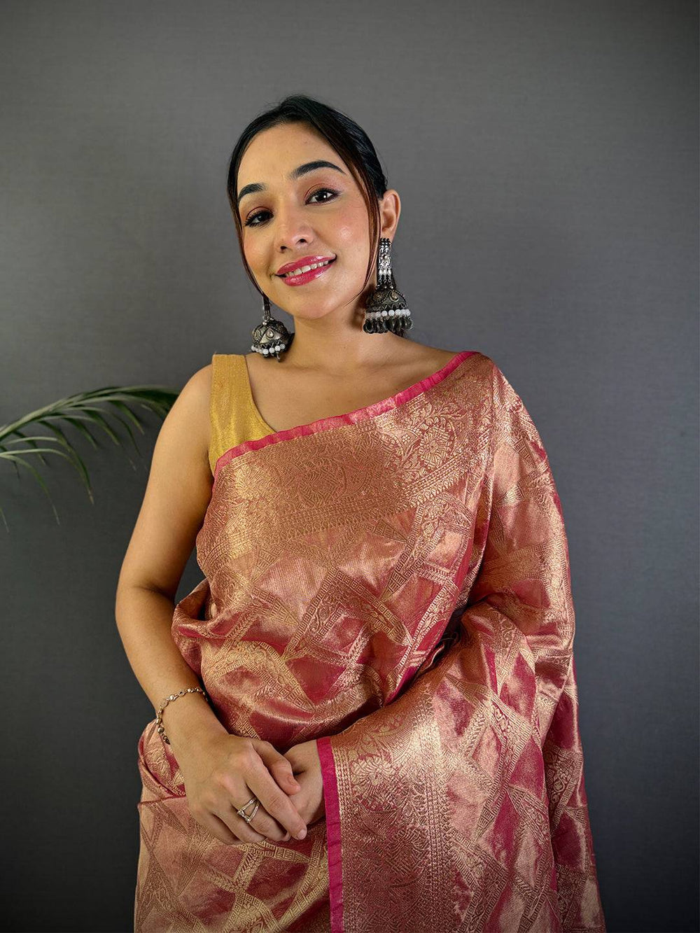 Pink Tissue Jarokha Zari Weaving Saree
