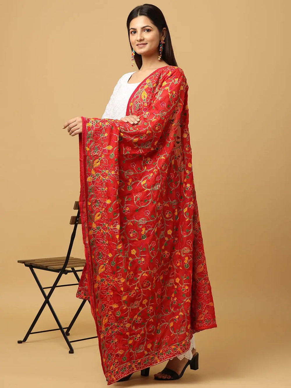 Side view of Red Poly Chiffon Pashmina Dupatta