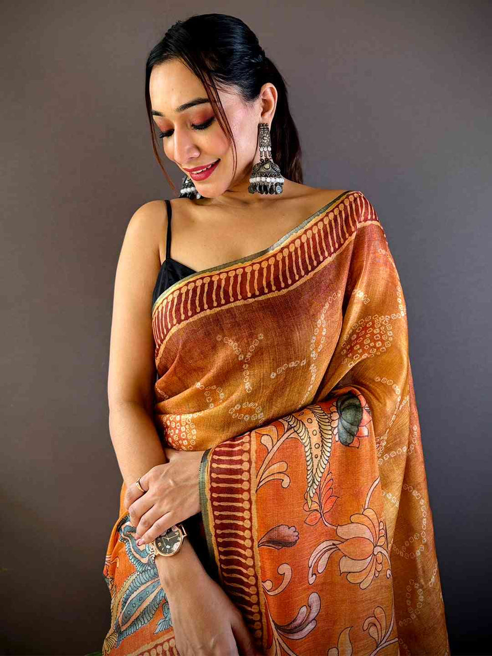 Orange Floral Chanderi Saree