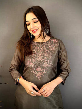 Dark Olive Ari Work Cotton Zari Kurti