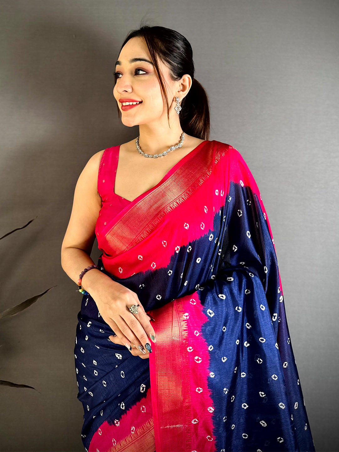 Navy Bandhej Printed Dola Silk Saree