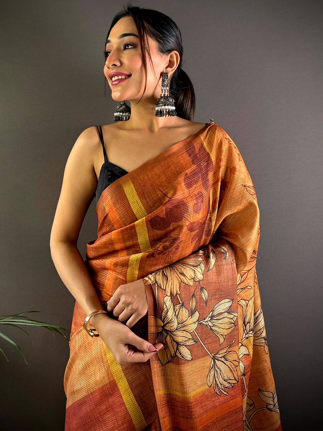 Brown Semi Gold Zari Tussar Saree