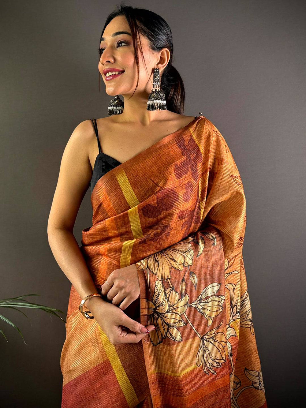 Brown Semi Gold Zari Tussar Saree