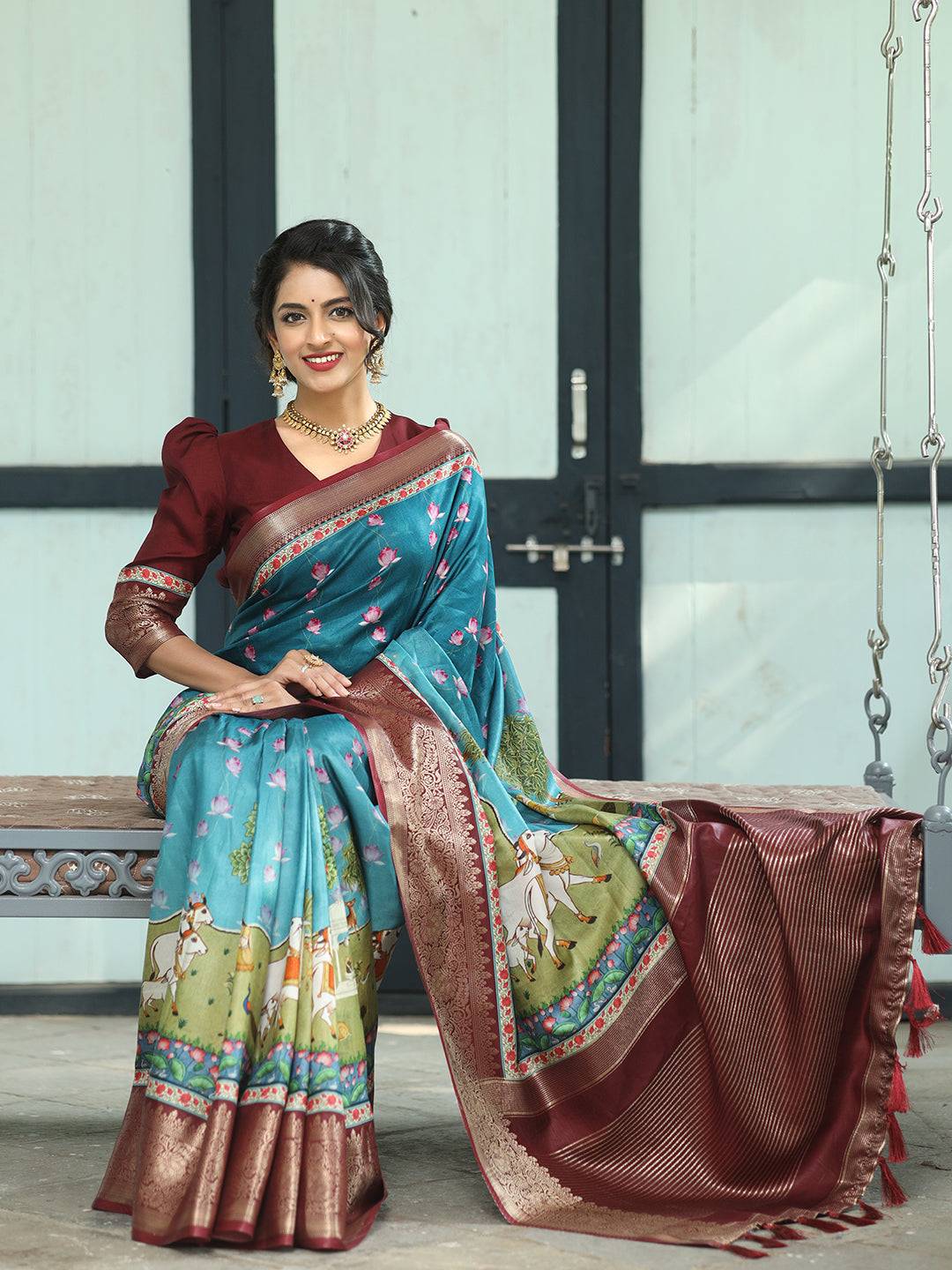 Pichwai Print Zari Weaving Pallu Saree In Blue Colour