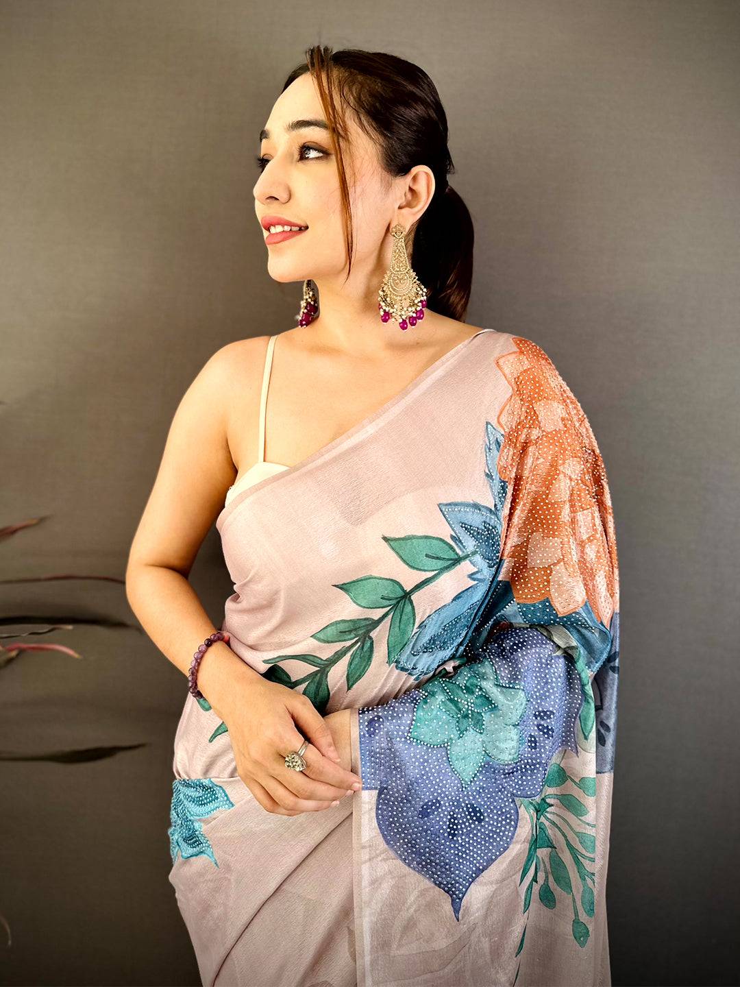 Lavender Soft Chiffon Floral Stone Work Saree