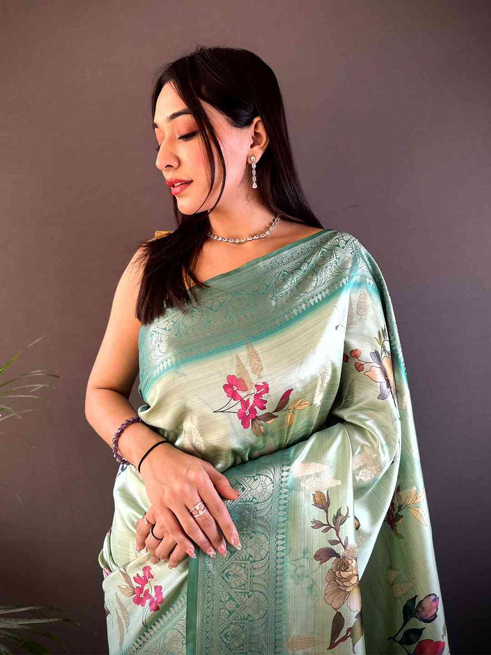 Olive Bamboo Silk Floral Saree