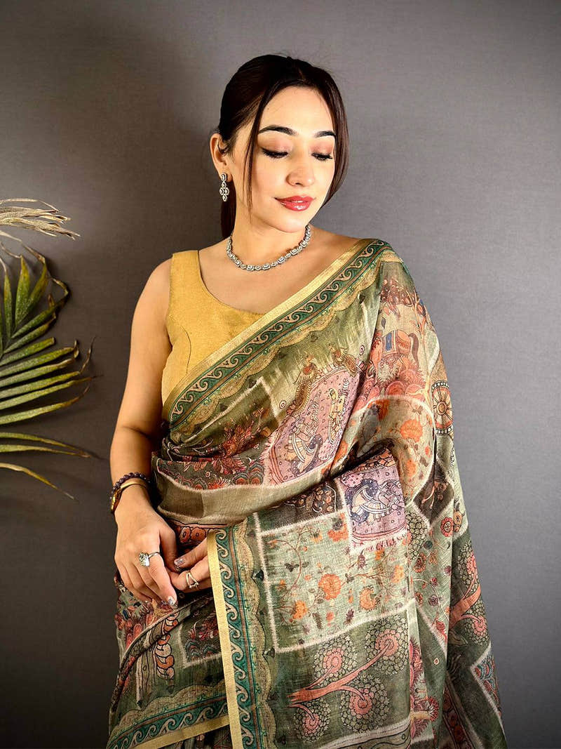 Royal Minakari Kalamkari Linen Saree