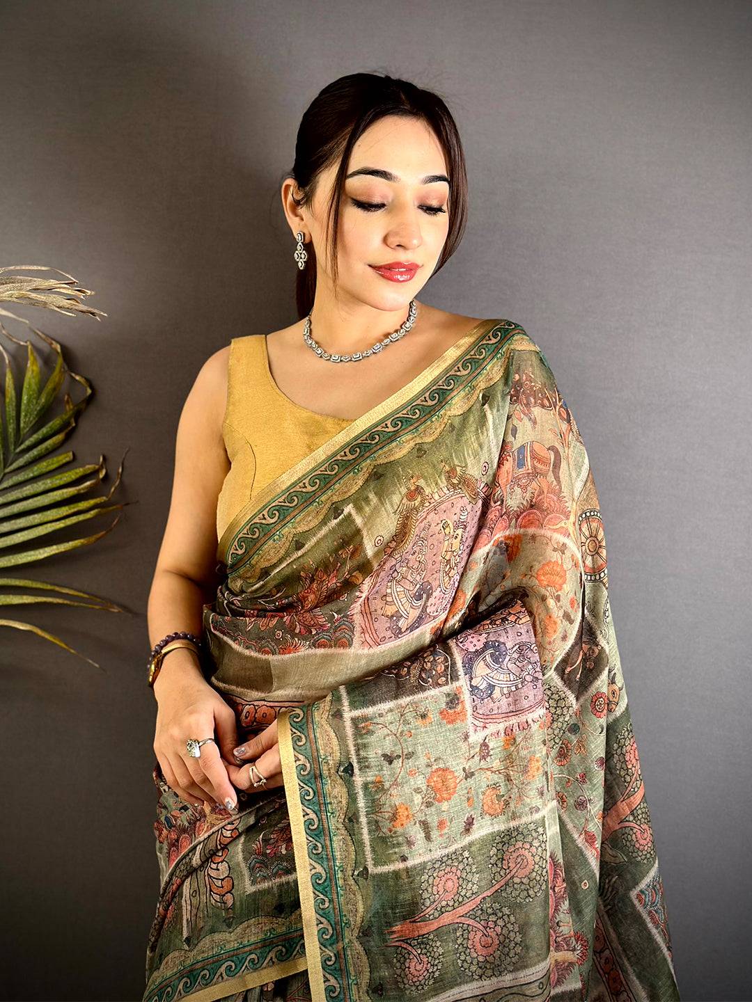 Royal Minakari Kalamkari Linen Saree