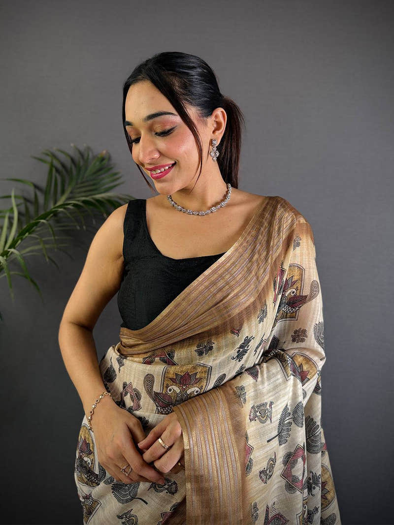 Ivory Linen Digital Printed Saree