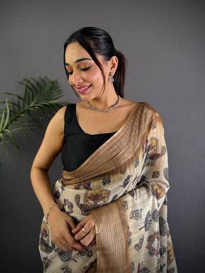Ivory Linen Digital Printed Saree