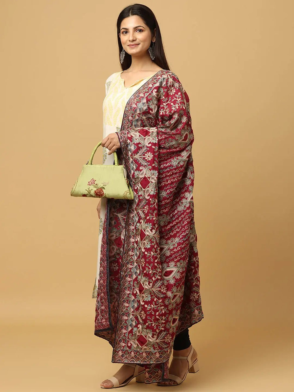 Elegant wine poly chiffon pashmina dupatta with embroidery