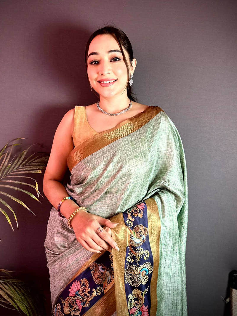Vibrant Tanjore Art Khadi Semi Silk Saree