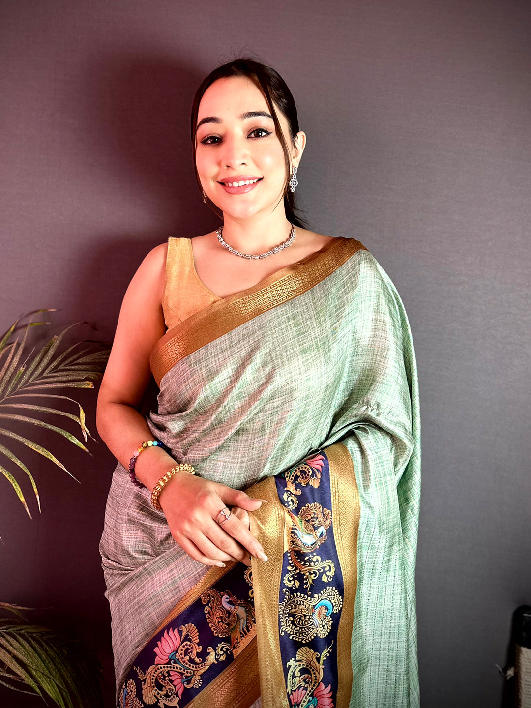 Vibrant Tanjore Art Khadi Semi Silk Saree