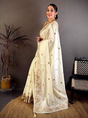 White Aari Jhalar Tussar Satin Saree
