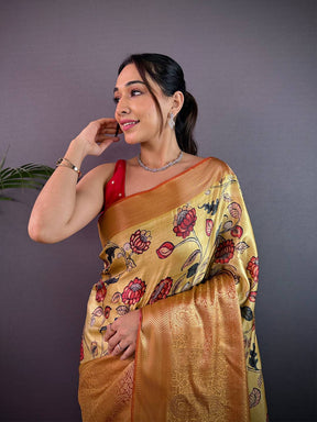 Lemon Yellow Cherry Satin Kalamkari Saree