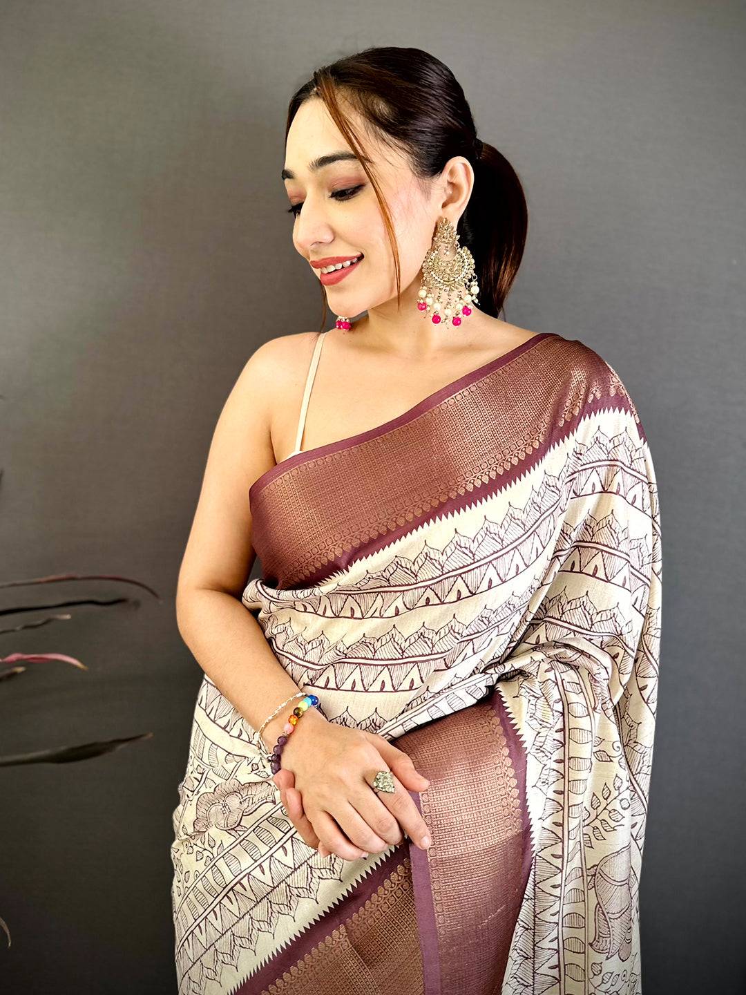 Elegant Fine Madhubani Print Silk Saree