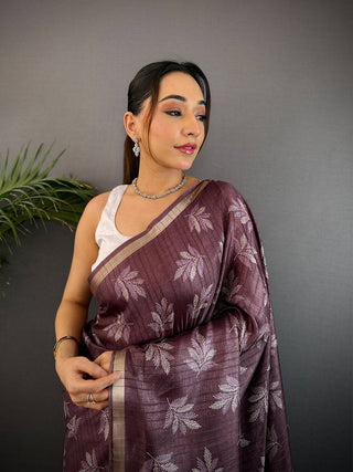 Dark Wine Leaf Print Ghicha Handloom Saree