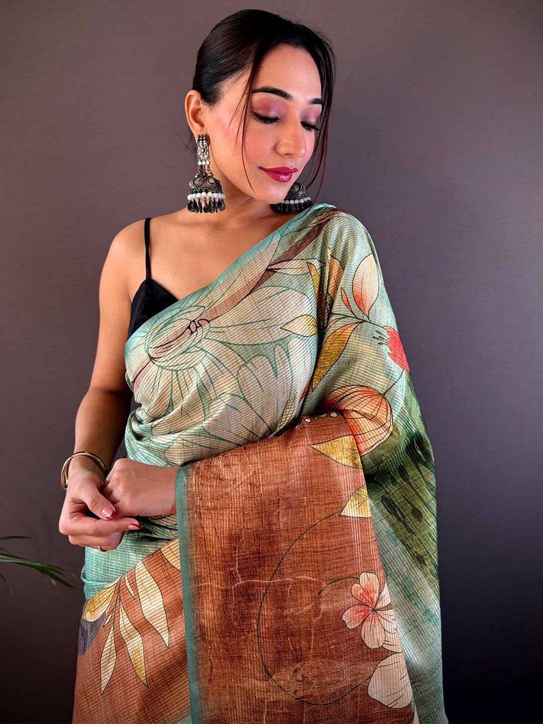 Rama Blue Zari Tussar Floral Saree with abstract flower print