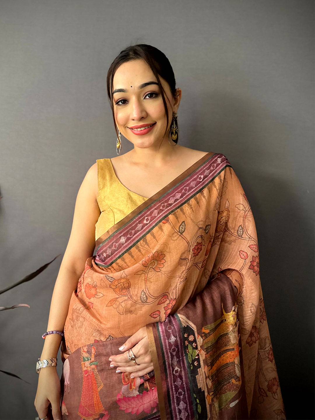 Radiant Pen Kalamkari Digital Linen Saree