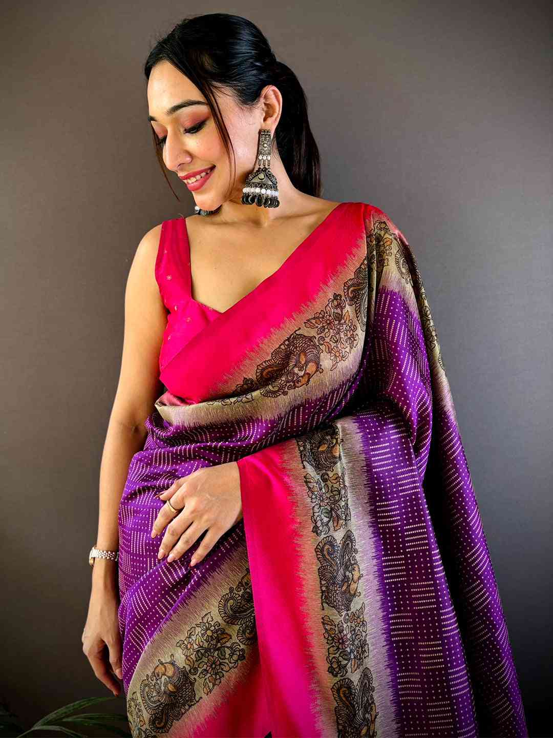 Purple Soft Silk Kalamkari Pallu Saree
