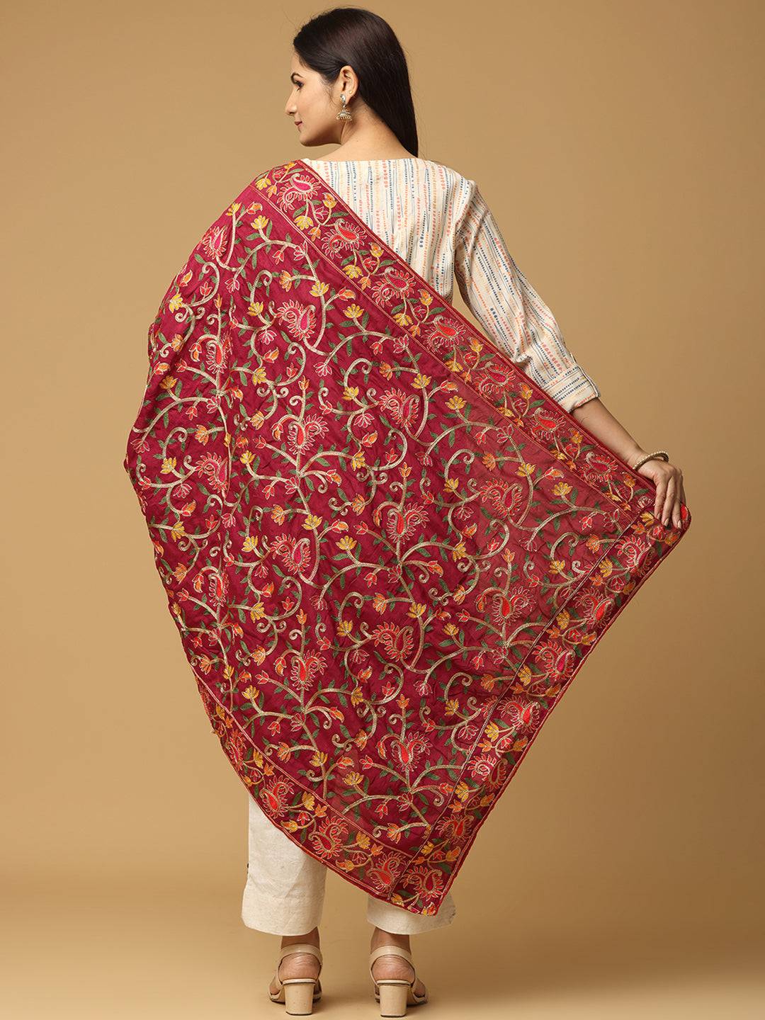 Back view of wine threadwork pashmina dupatta