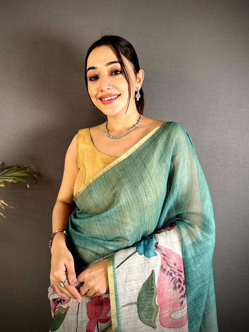 
Rama Swan Gold Zari Linen Saree



