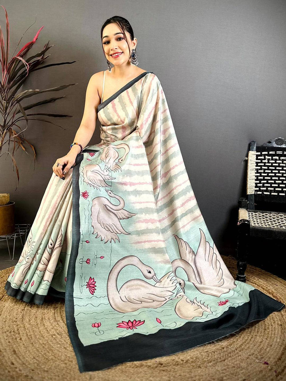 Opulent Soft Tussar Swan Print Saree