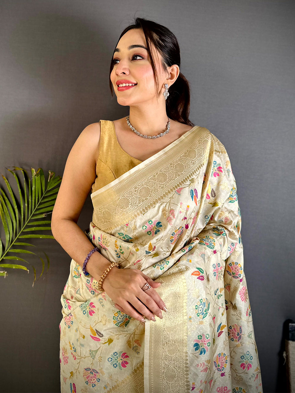 Cream Banarasi Minakari Floral Silk Saree