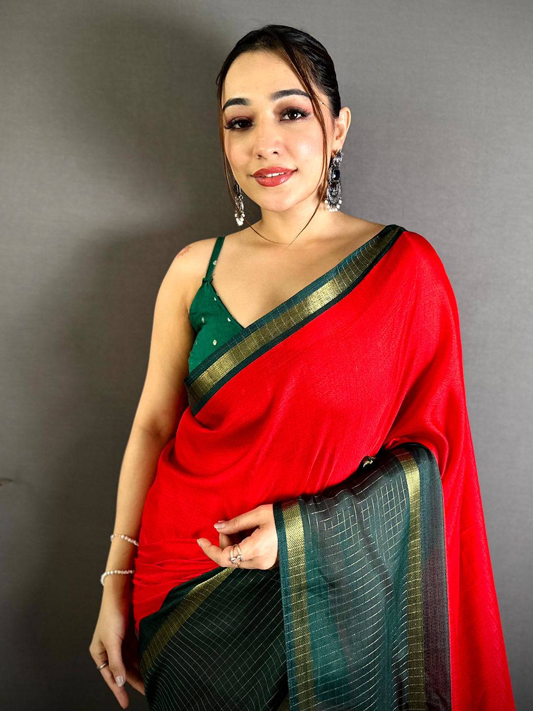 Red Soft Kota Crepe Contrast Border Saree