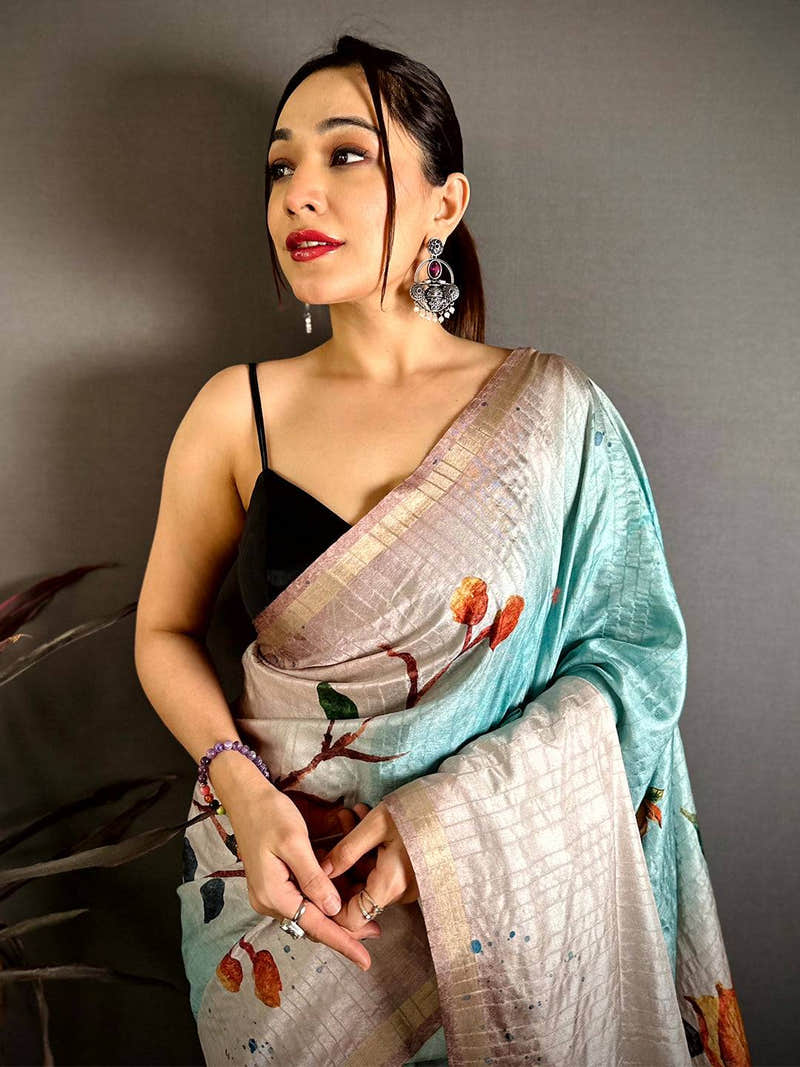 Pastel Sky Blue Ghicha Tussar Floral Saree