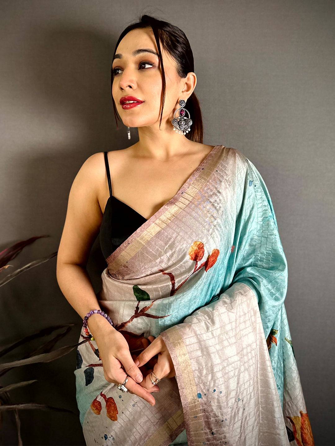 Pastel Sky Blue Ghicha Tussar Floral Saree