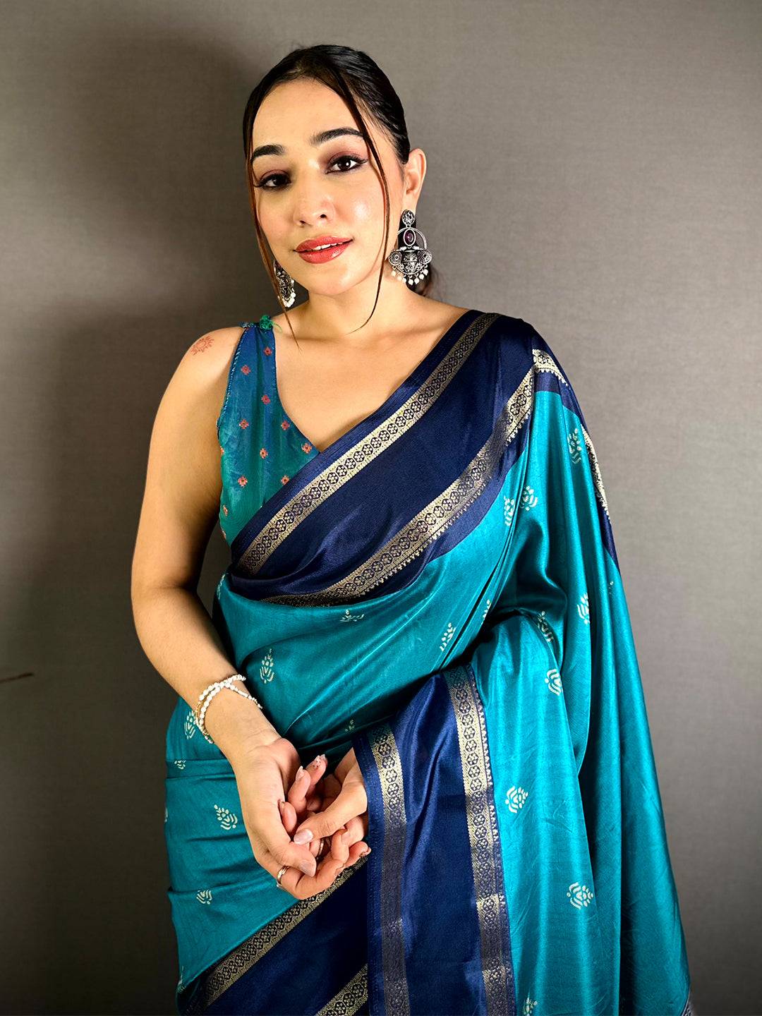 Teal Soft Dola Block Print Pallu Saree