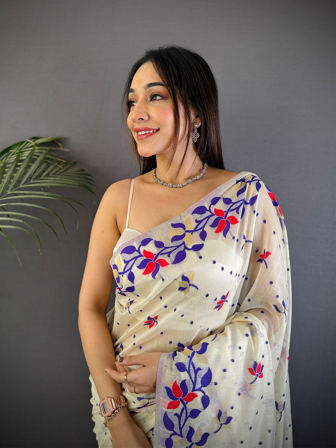 Off White Dhakai Jamdani Cotton Silk Saree