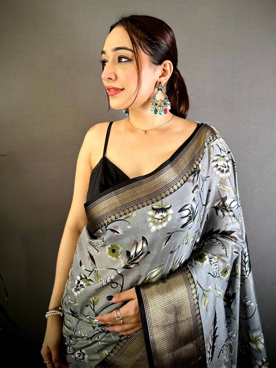 Grey Soft Dola Silk Floral Kanchi Border Saree