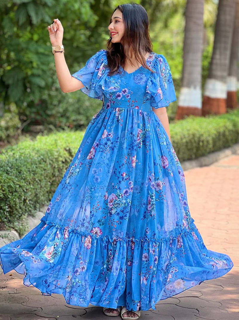 Orchid Blue Printed Flary Dress with floral design