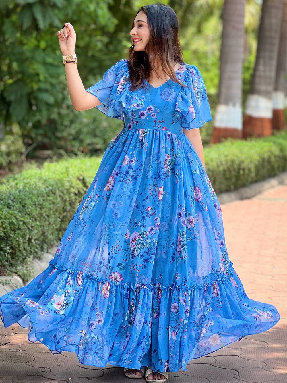 Orchid Blue Printed Flary Dress with floral design