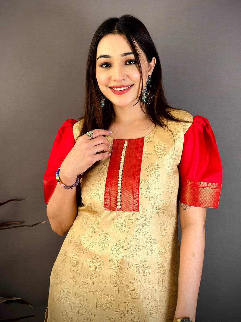 Cream Kota Doriya Dotted Leaf Print Dress with Red Border