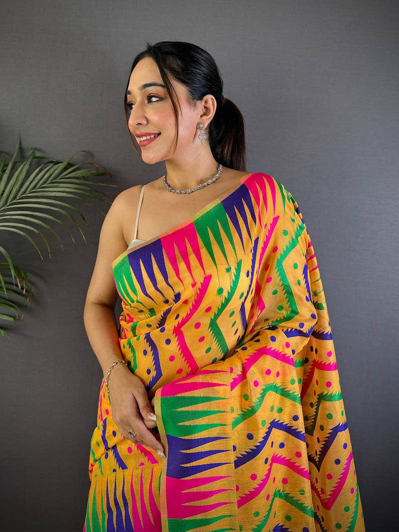 Mustard Yellow Dhakai Cotton Jamdani Saree